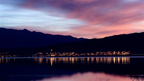 Water Reflection Sunset City Cityscape Lights Mountain Calm
