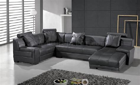 Black Leather Modern Sectional Sofa Wadjustable Headrest