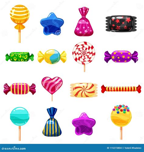 Set Single Cartoon Candies Lollipop Candy Desserts Illustration