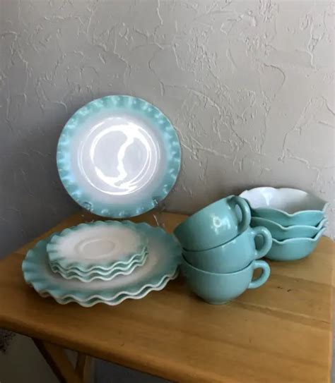 SET OF 3 Vintage Hazel Atlas Crinoline Turquoise Plates Bowls Saucers