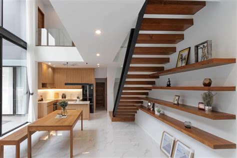 Double Story House Open Interior With Wood Staircase Home Interior