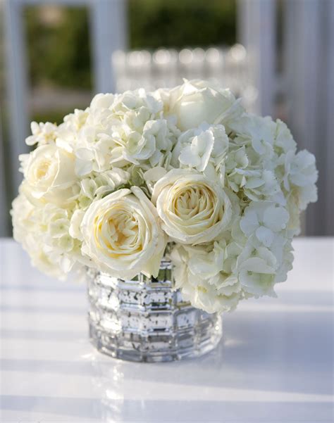 Ivory Rose And Hydrangea Low Centerpieces Flower Centerpieces Wedding