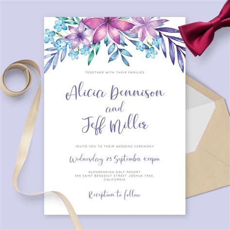 Elegant Watercolor Blue And Purple Flowers Wedding Invitation Template