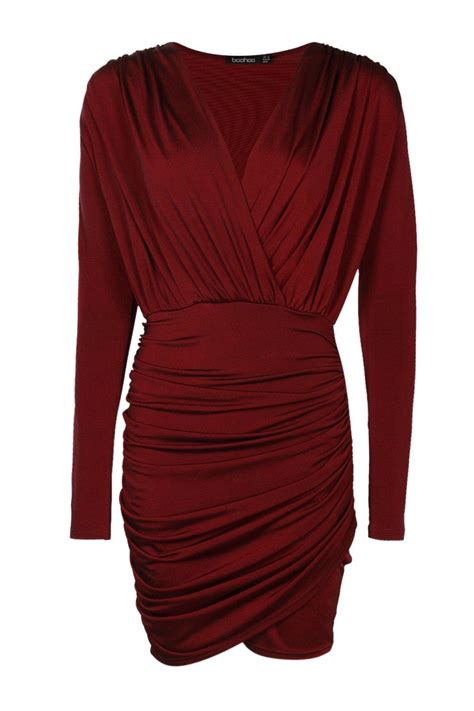 Boohoo Womens Mara Slinky Wrap Long Sleeve Bodycon Dress Ebay
