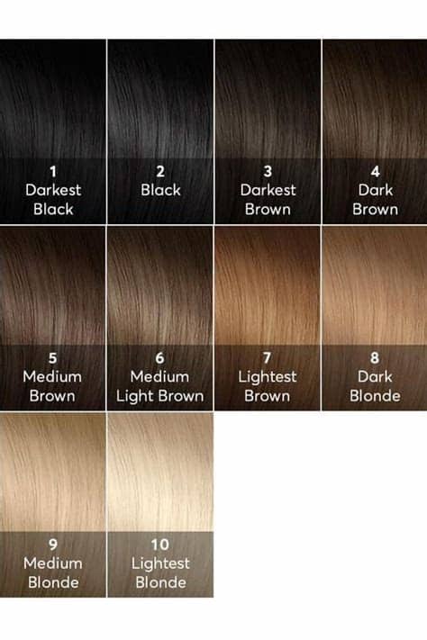 A hair color chart shows tones from blonde to black and. Hair Color Levels Chart in 2019 | Brown hair shades ...