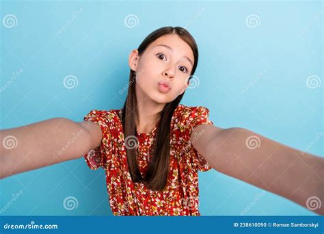 Photo Of Youth Lovely Lady Pouted Lips Send Air Kiss Make Selfie