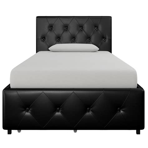 dhp dakota twin upholstered bed with storage drawers in black faux leather