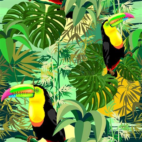 Toucan In Green Amazonia Rainforest Seamless Pattern Vector Design