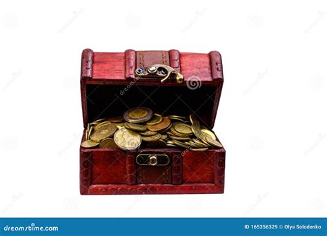 Vintage Treasure Chest Full Of Golden Coins Isolated On White