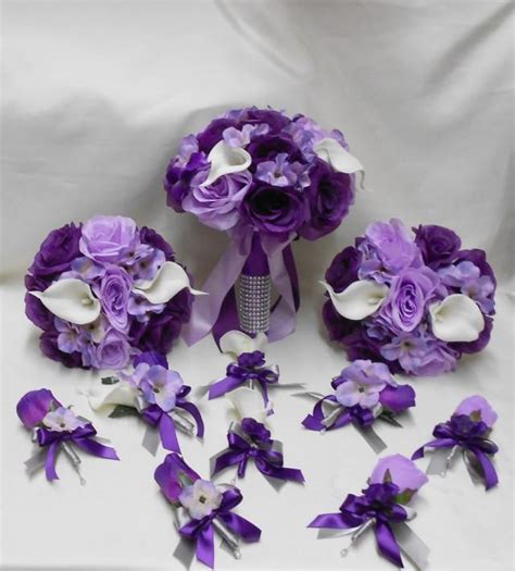 wedding silk flower bridal bouquets package calla lily lavender purple eggplant plum lavender