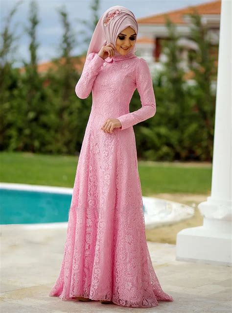 New Pink Lace Long Sleeve Muslim Evening Dresses 2017 Pink Hijab Islamic Abaya Kaftan High Neck