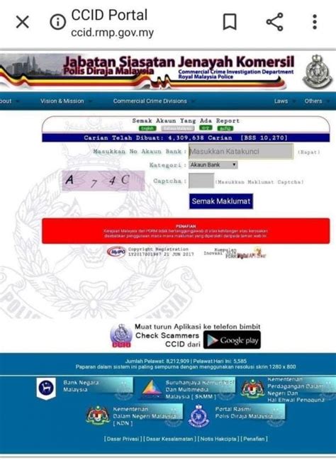 Ikut langkah di bawah untuk menggunakan semak mule pdrm bagi membuat semakan nombor telefon dan nombor akaun bank yang ada dalam pangkalan data pdrm. CCID: Cara Check Scammer Online (Semak No Akaun & No Telefon)