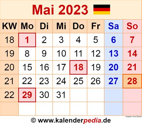 Kalender Mai 2023 Als Word Vorlagen