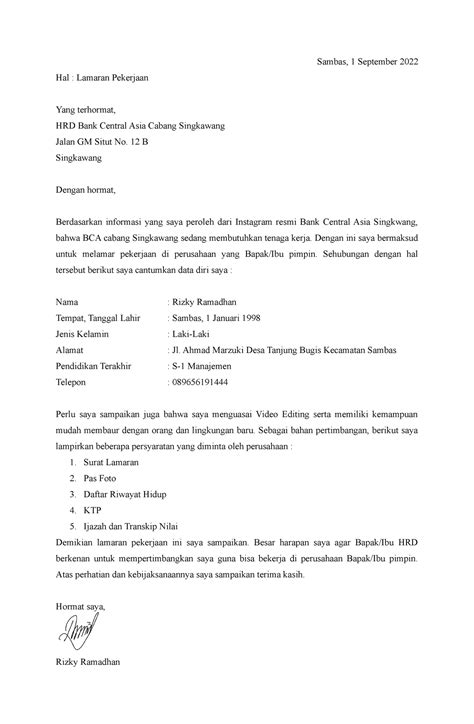20 - Contoh Surat Lamaran Kerja di Bank BCA - Sambas, 1 September 2022