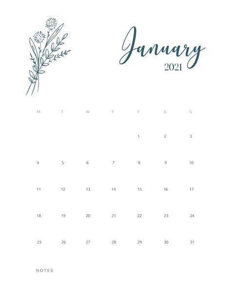 Free Printable Calendar January 2021 Floral Calendarsforkids