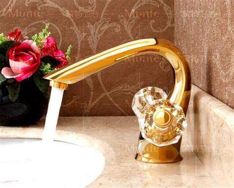 Luxury Double Crystal Glass Handle Gold Bathroom Lavatory Basin Sink Mixer Tap Hot And Cold