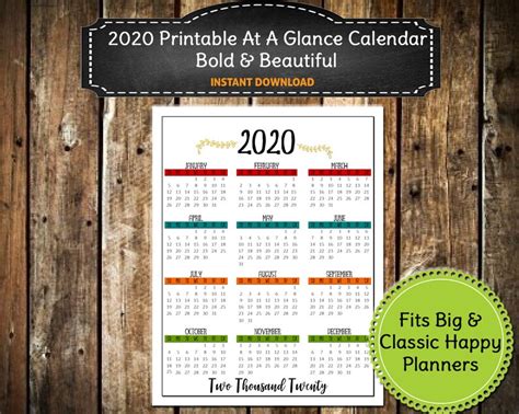 2020 Printable At A Glance Calendar 85 X 11 Sheet Bold And Etsy