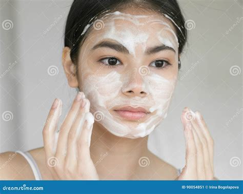 Young Beautiful Woman Washing Her Face With Soap Stock Image Image
