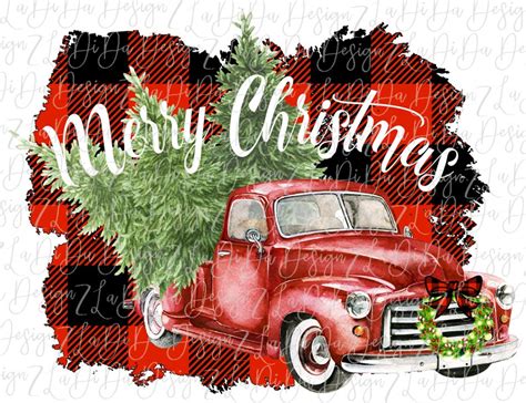 Merry Christmas Red Vintage Truck On Buffalo Plaid Vinyl Etsy