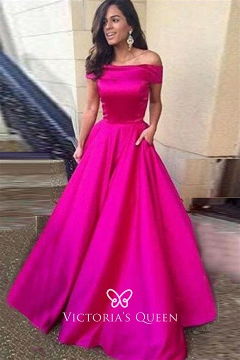 Classic Fuchsia Satin Off The Shoulder Floor Length Ball Gown Prom