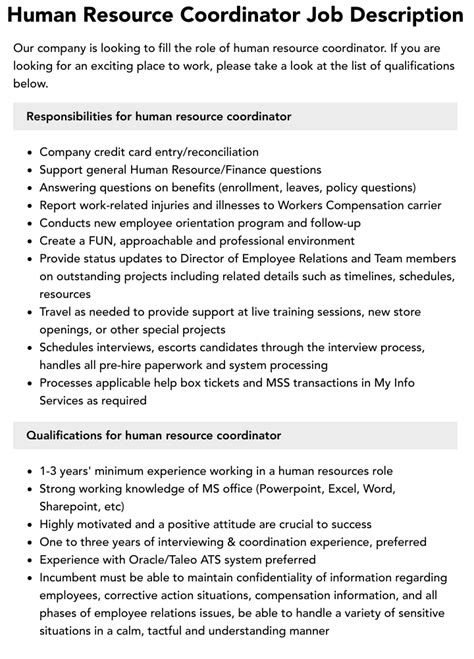 Human Resource Coordinator Job Description Velvet Jobs
