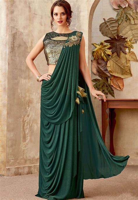 Buy Bottle Green Designer Party Wear Saree In Uk Usa And Canada Designer Party Wear Dresses