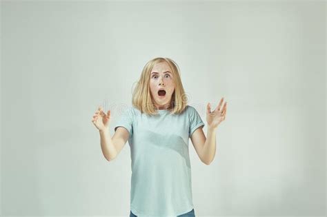 Portrait Of The Scared Woman On Gray Stock Photo Image Of Adult