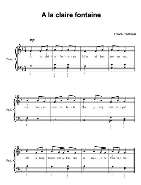 A La Claire Fontaine Partition Facile En Pdf La Touche Musicale