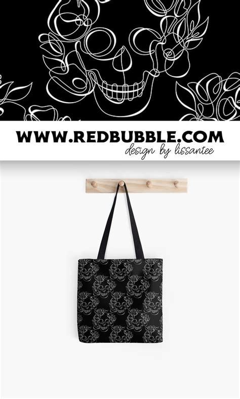 Minimalistic Continuous Line Skull With Poppies Tote Bag By Lissantee