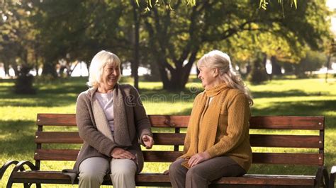 Zwei Alte Unholde Die Sitzen Auf Bank Im Park Pensionsalter Sprechen