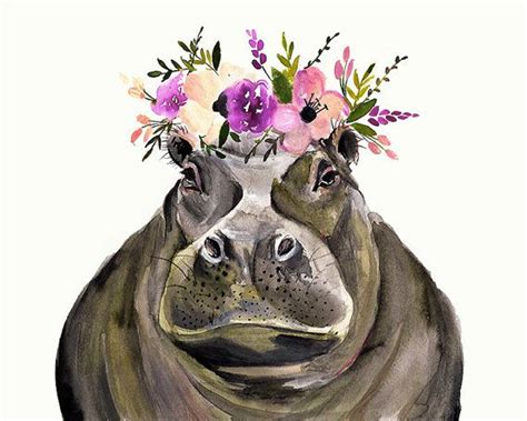 Hippo Print Animal Art Watercolor Art Illustration Art