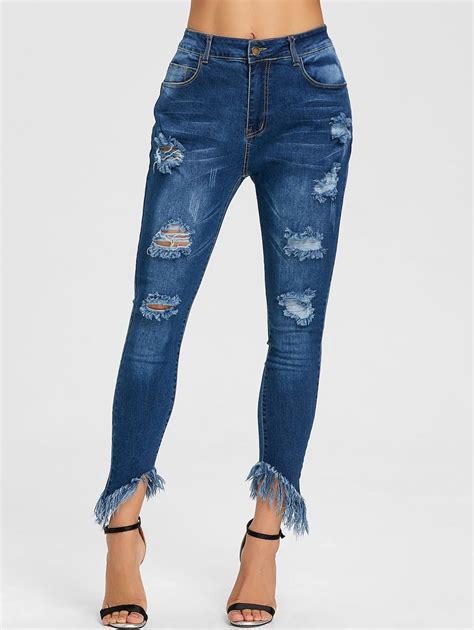 Frayed Hem Ripped Skinny Jeans Deep Blue S Rippedjeanswomenskinny Ripped Jeans Outfit