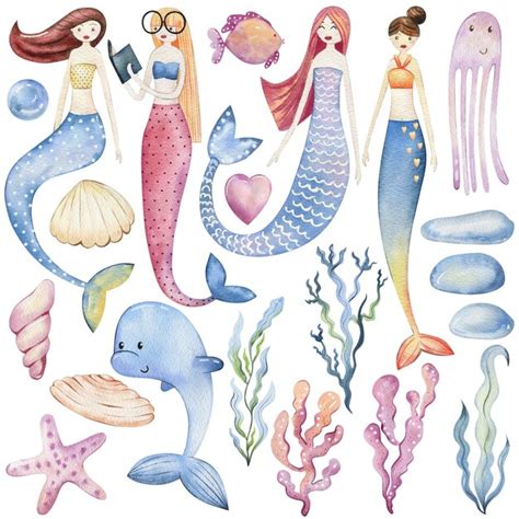Premium Photo Set Of Watercolor Mermaids And Sea Animals