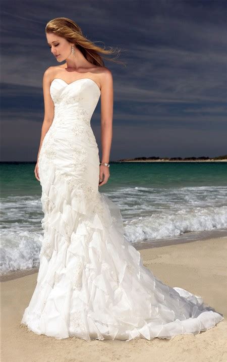 Romantic Mermaid Sweetheart Corset Lace Beaded Ruffle Destination Beach Wedding Dress