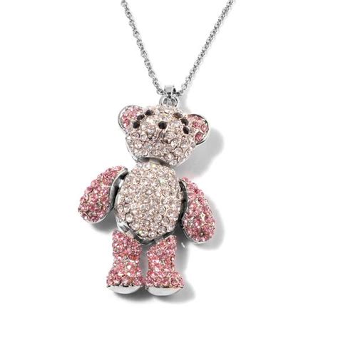 Pink White And Black Austrian Crystal Teddy Bear Pendant With Chain In