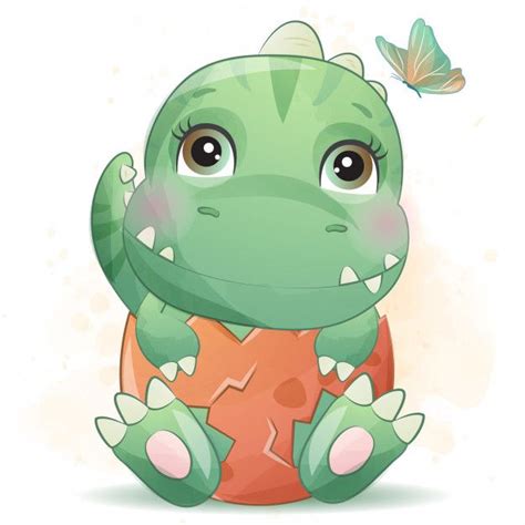 Cute Little Dinosaur Portrait With Watercolor Effect Baby Animal