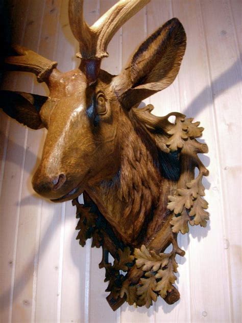 Exceptional Black Forest Carved Wood Deer Head With Antler Mount Wood