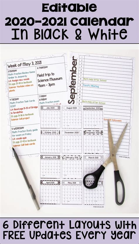 Printable july 2021 templates are available in editable word ''a suspicious mind always looks on the black side of things.'' publilius syrus. 2020-2021 Calendar Printable and Editable with FREE Updates in Black and White | 2021 calendar ...