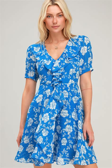 Cute Blue Floral Print Dress Floral Mini Dress Ruffled Dress Lulus