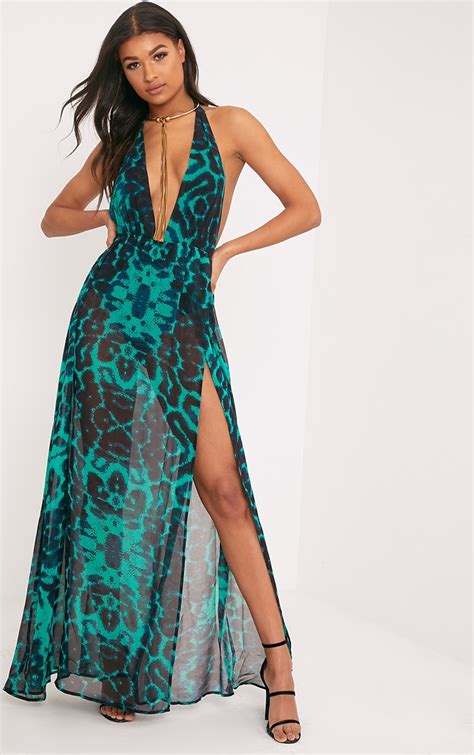 Alina Green Leopard Print Plunge Maxi Dress Dresses
