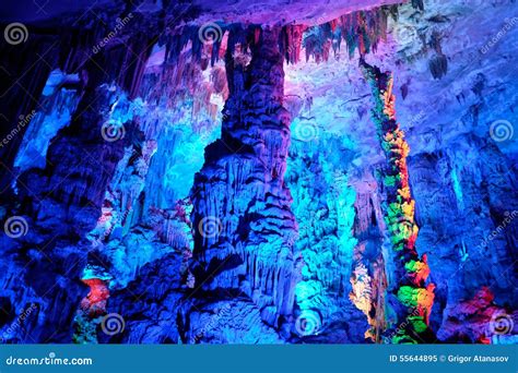 Colorful Illuminated Cave Stock Image Image Of Reflection 55644895