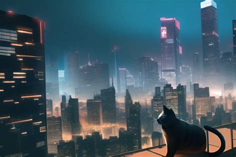 Wallpaper Feline Cyberpunk City Cityscape Neon Skyscraper