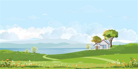 Spring Village With Farmhouse On Green Field By The Lake Fluffy Cloud