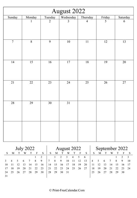 Editable Calendar August 2022 Portrait Layout