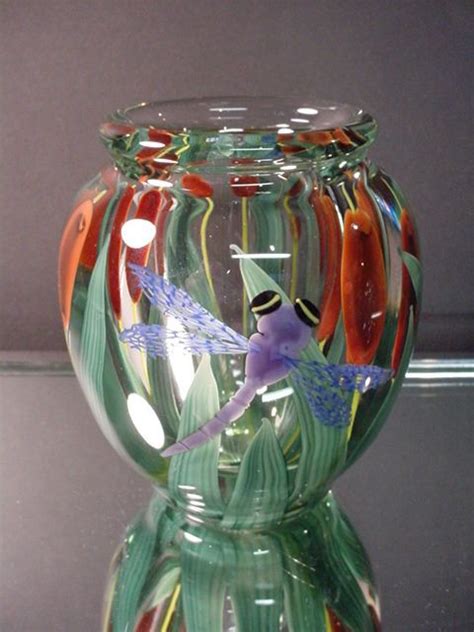 Rare Steven Lundberg Glass Art Dragonfly Wcattails Paperweight Vase C