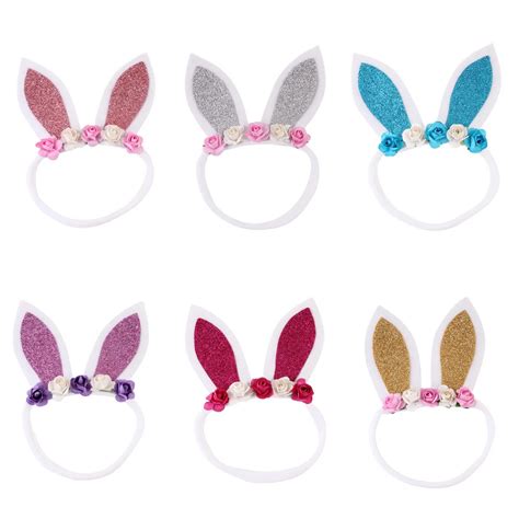 Glitter Rabbit Ears Headband Girls Bunny Nylon Headbands Kids Flower