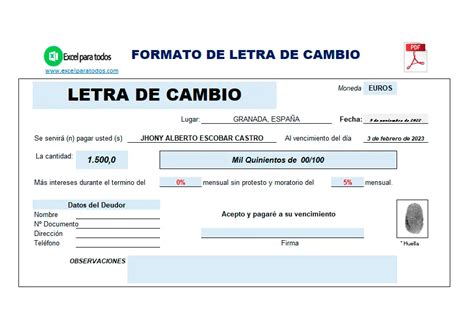 Formato Letra De Cambio Para Llenar Excel Para Todos