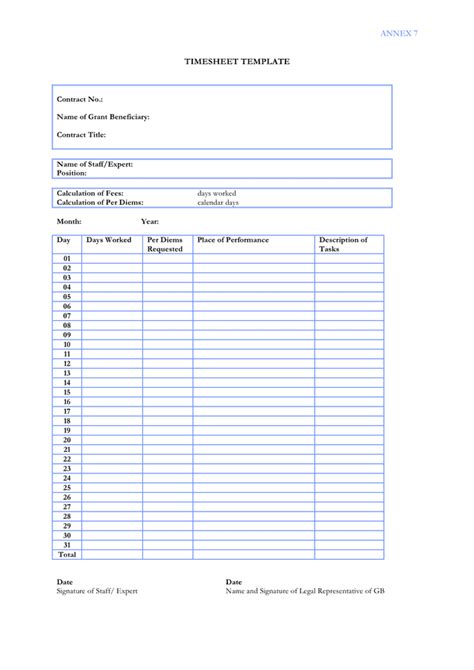 Timesheet template in Word and Pdf formats