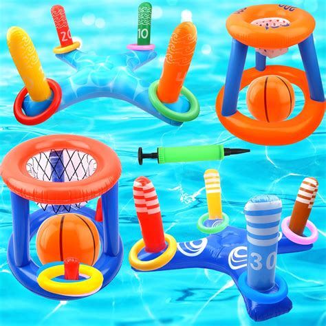 Sonarun 4 Set Inflatable Pool Ring Toss Games Toys Inflatable Basketball Hoop