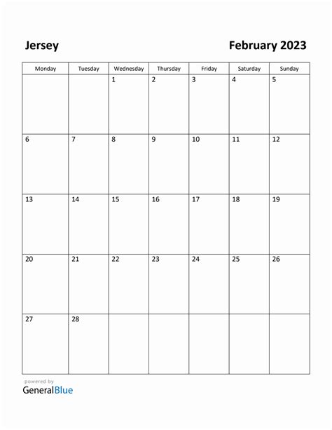 Free Printable February 2023 Calendar For Jersey